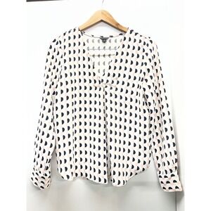 Ann Taylor Womens XS Pink Black Geometric Half Moon Print V-Neck Blouse Top